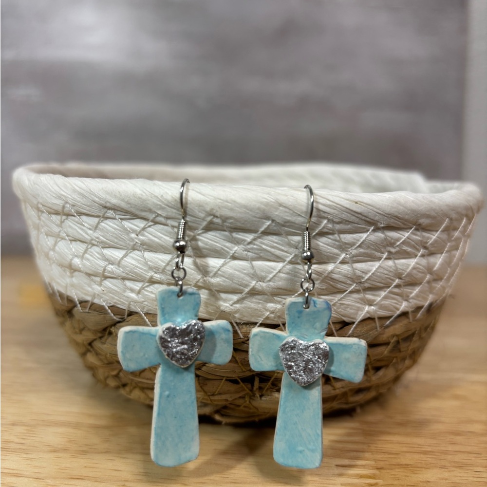 Silver Heart Blue Cross Earrings